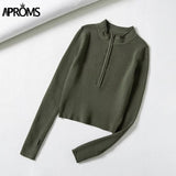 Aproms Elegant High Neck Zipper Front Knitted Sweater Women Solid Basic Cropped Pullover Winter Spring Fashion Clothing Top 2021
