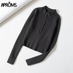 Aproms Elegant High Neck Zipper Front Knitted Sweater Women Solid Basic Cropped Pullover Winter Spring Fashion Clothing Top 2021