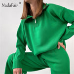 Nadafair Green Womens Zip Sweaters Plus Size V Neck Long Sleeve Casual Solid Oversized Pullovers Jumper Knitted Winter Tops 2021