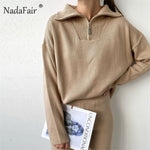Nadafair Green Womens Zip Sweaters Plus Size V Neck Long Sleeve Casual Solid Oversized Pullovers Jumper Knitted Winter Tops 2021