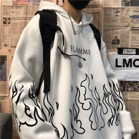 Y2K Streetwear Flame Print Hoodies Women Autumn Harajuku Oversized Hooded Sweatshirts Couple Korean Loose Long Sleeve Pullovers