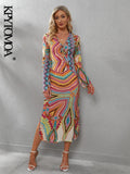 KPYTOMOA Women 2021 Chic Fashion With Drawstring Printed Midi Dress Vintage Long Sleeve Side Vents Female Dresses Vestidos Mujer