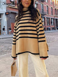 Forefair 2021 Autumn Winter Oversized Knitted Pullover Women Turtleneck Long Sleeve Khaki Striped Loose Sweater Casual Fashion