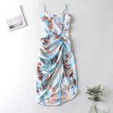 2020 Women Vintage Yellow Tie dye Flower print  Spaghetti Strap Dress Hem Slim Waist Slit Irregular Long Dresses Sling Vestido