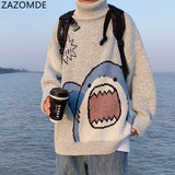ZAZOMDE Men Turtlenecks Shark Sweater Men 2020 Winter Patchwor Harajuku Korean Style High Neck Oversized Grey Turtleneck For Men