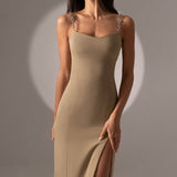 Beyouare Elegant Women's Dresses Chain Strapless Sleeveless Solid Basic Split Knee-Length Bodycon 2021 Summer Sexy Young Style