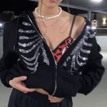 Y2K Rhinestone Skeleton Zip Up Oversized Sweatshirts 2021 Summer Goth Hoodies Women Grunge Hooded Jacket Streetwear Retro Clothe