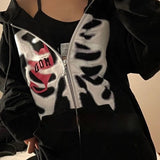 Y2K Rhinestone Skeleton Zip Up Oversized Sweatshirts 2021 Summer Goth Hoodies Women Grunge Hooded Jacket Streetwear Retro Clothe