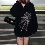 Y2K Rhinestone Skeleton Zip Up Oversized Sweatshirts 2021 Summer Goth Hoodies Women Grunge Hooded Jacket Streetwear Retro Clothe