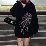 Y2K Rhinestone Skeleton Zip Up Oversized Sweatshirts 2021 Summer Goth Hoodies Women Grunge Hooded Jacket Streetwear Retro Clothe