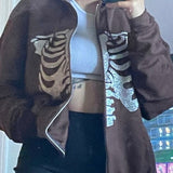 Y2K Rhinestone Skeleton Zip Up Oversized Sweatshirts 2021 Summer Goth Hoodies Women Grunge Hooded Jacket Streetwear Retro Clothe
