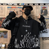Y2K Streetwear Flame Print Hoodies Women Autumn Harajuku Oversized Hooded Sweatshirts Couple Korean Loose Long Sleeve Pullovers