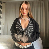 Y2K Rhinestone Hoodies Women Skeleton Gothic Black Zip Up Oversized Sweatshirt Punk Skull Harajuku Hooded Jacket Streetwear