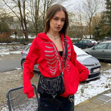 Y2K Rhinestone Hoodies Women Skeleton Gothic Black Zip Up Oversized Sweatshirt Punk Skull Harajuku Hooded Jacket Streetwear