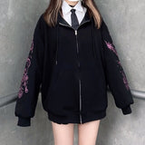 Y2K Rhinestone Hoodies Women Skeleton Gothic Black Zip Up Oversized Sweatshirt Punk Skull Harajuku Hooded Jacket Streetwear