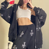 Y2K Fashion Rhinestone Hoodies Women Hip Hop Joggers Sweatshirt Korean Oversized Zipper Sport Coat Ladies Gothic Jacket Pullover