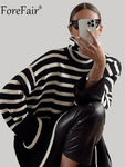 Forefair 2021 Autumn Winter Oversized Knitted Pullover Women Turtleneck Long Sleeve Khaki Striped Loose Sweater Casual Fashion