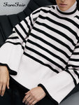 Forefair 2021 Autumn Winter Oversized Knitted Pullover Women Turtleneck Long Sleeve Khaki Striped Loose Sweater Casual Fashion