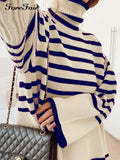 Forefair 2021 Autumn Winter Oversized Knitted Pullover Women Turtleneck Long Sleeve Khaki Striped Loose Sweater Casual Fashion