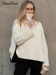 Forefair 2021 Autumn Winter Oversized Knitted Pullover Women Turtleneck Long Sleeve Khaki Striped Loose Sweater Casual Fashion