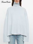 Forefair 2021 Autumn Winter Oversized Knitted Pullover Women Turtleneck Long Sleeve Khaki Striped Loose Sweater Casual Fashion