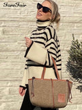 Forefair 2021 Autumn Winter Oversized Knitted Pullover Women Turtleneck Long Sleeve Khaki Striped Loose Sweater Casual Fashion